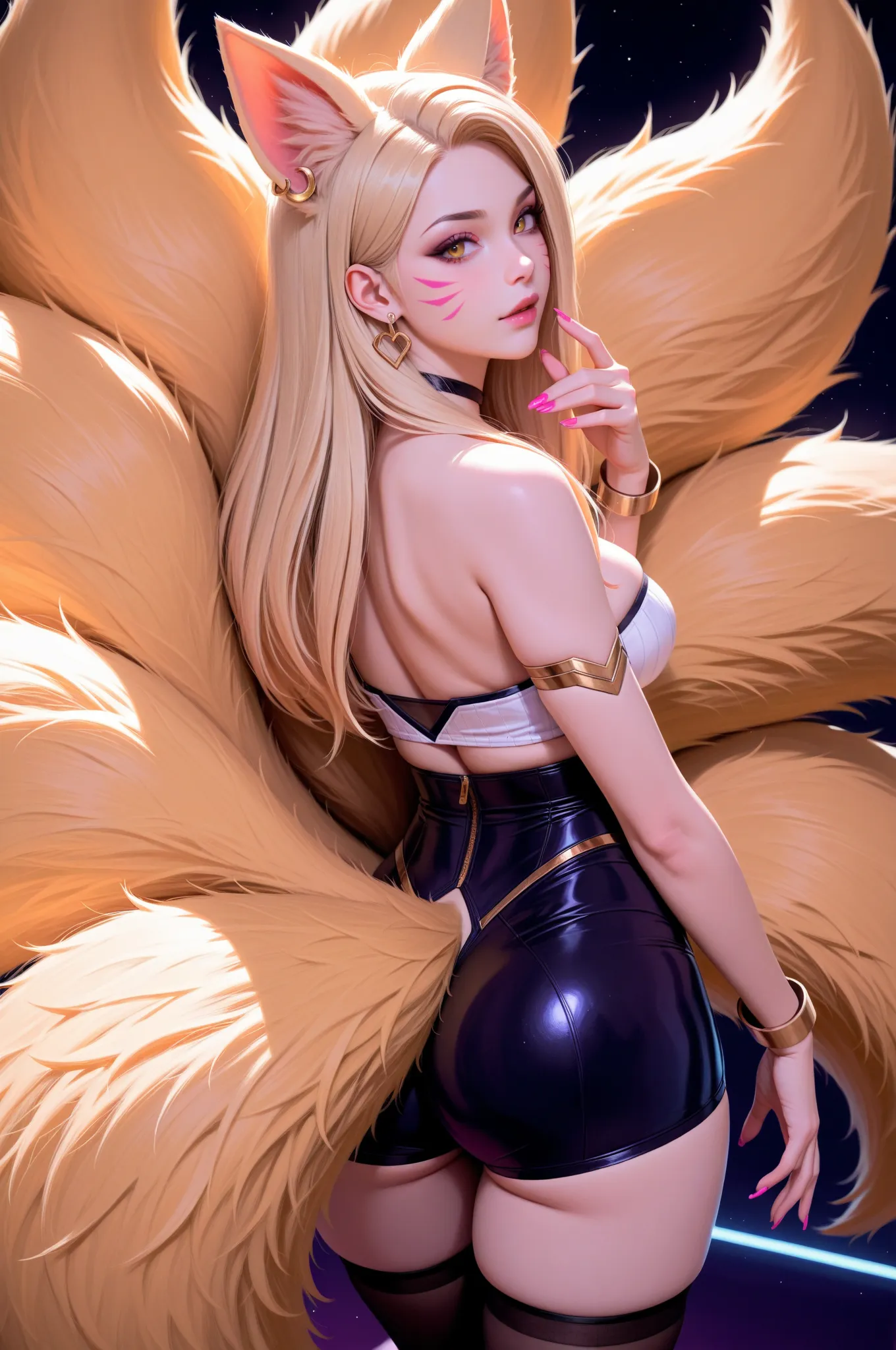 score_9, score_8_up, score_7_up, (masterpiece, UHD, 8K, 16K, ultra detailed), from behind,  k/da_ahri, league_of_legends, "k/da ahri, league of legends", "1girl, fox girl, fox ears, fox tail, lips, multiple tails, yellow eyes, blonde hair, long hair, mediu...