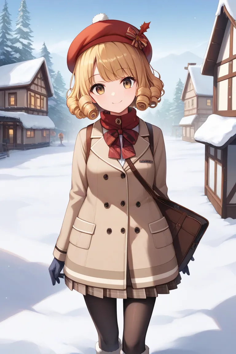 masterpiece, best quality, good anatomy, anime style, sfw, 1girl, 13y, curly hair, light-yellow hair, brown hair, smile, beret, school uniform, winter uniform, winter gloves, black pantyhose, snow boots, standing, strong snow, town, homes covered by snow, ...