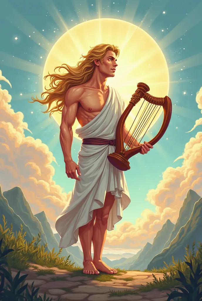 Create the god Apollo with an animated style, looks like make it easy to draw, Use shadows , And may Apollo have his harp, the drawing must be full body, I mean what you can see from head to toe 