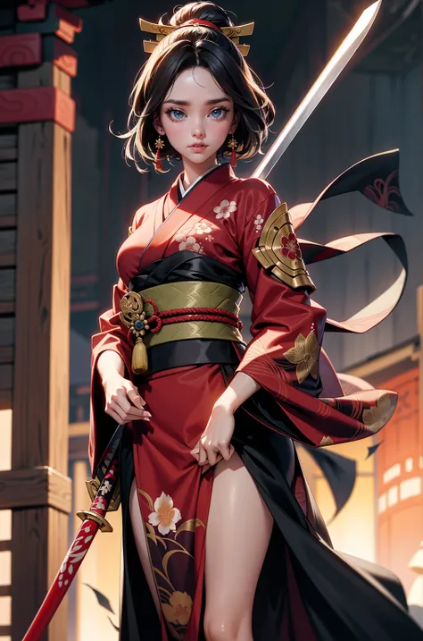 "A depiction of a woman blending the features of Scarlett Johansson and Emma Watson, a woman in a kimono dress holding a samurai sword, in kimono, japanese goddess, Inspired by Chen Yifei, kimono, in a kimono, japanese kimono, wearing kimono, japanese mode...