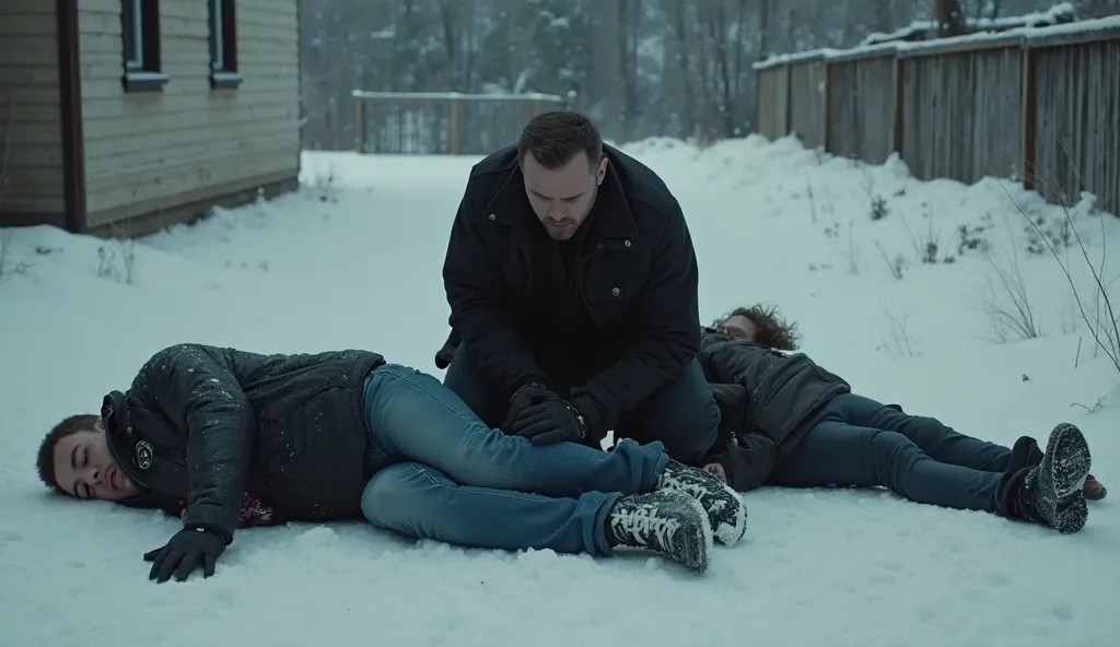 Image is a cinematic still with a dark, moody style, featuring a snowy outdoor scene. Three men are on the ground in various positions, appearing to have fallen or been knocked down. The man in the center is kneeling, wearing a black jacket and jeans, with...