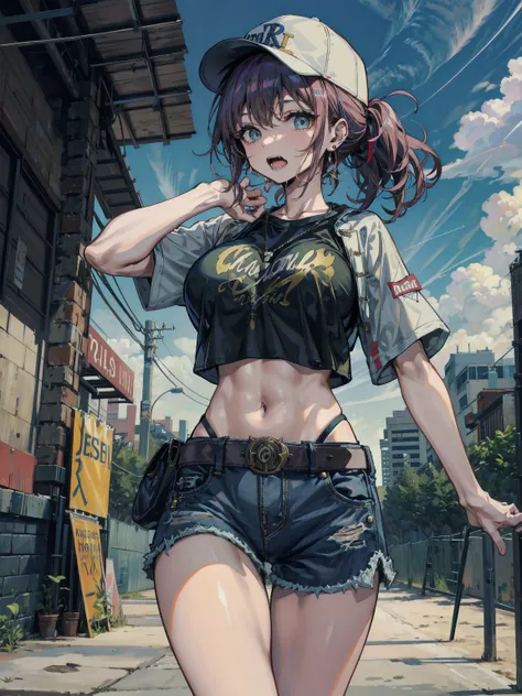 ideal ratio body proportions, perfect anatomy, correct body, earring, large breasts, narrow waist, short hair, black hair, wavy hair, hair behind ear, half updo, looking at viewer, eye rolling, drooling, saliva, open mouth, cowboy shot, outdoor, baseball c...