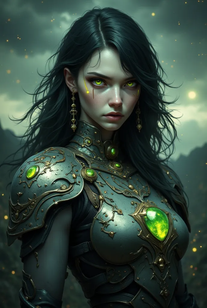 This is a digital artwork in a fantasy genre, featuring a young woman with a pale, ethereal complexion and dark, wavy hair that cascades around her shoulders. Her piercing green eyes are accentuated by dramatic, dark eyeliner and shadow, giving her an othe...