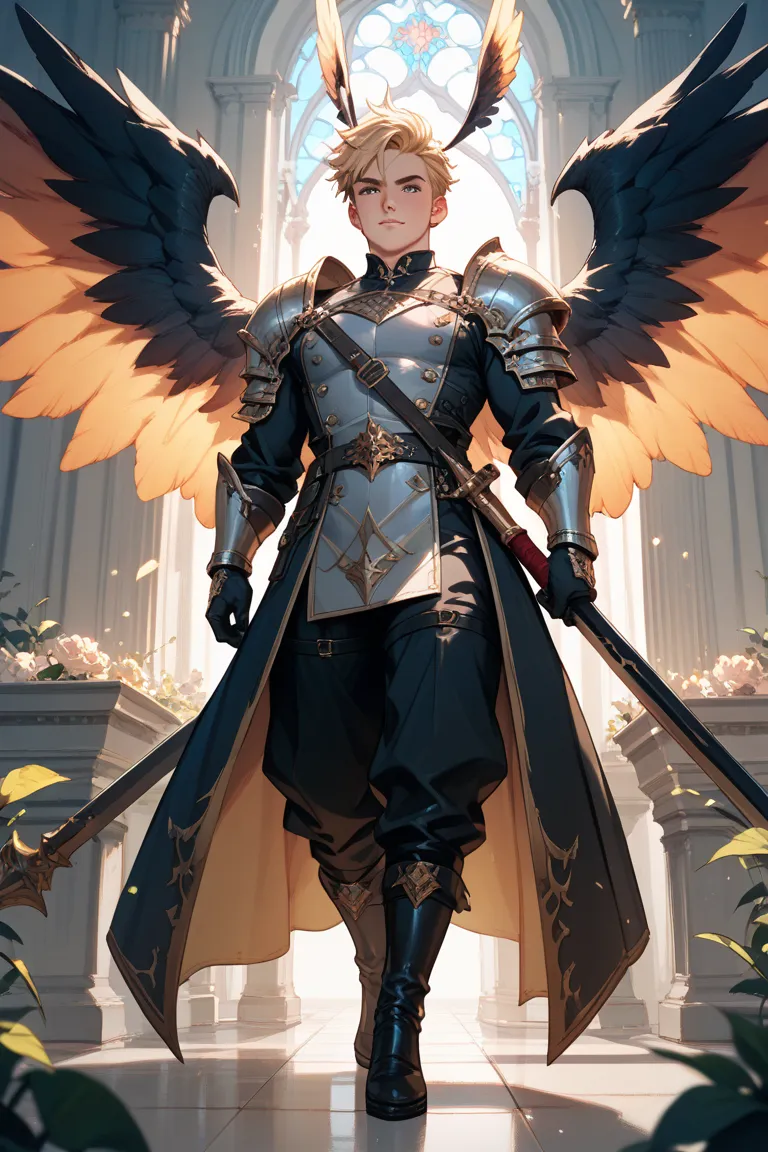 Blond guy in black warrior clothes with full-length wings In final fantasy style 