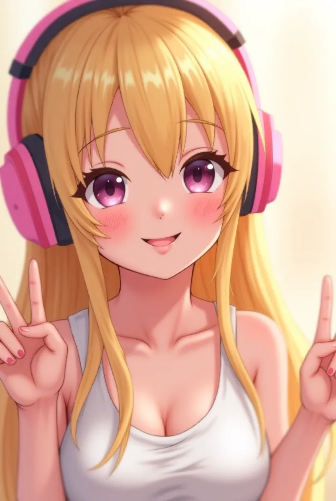 
"A digital painting of a young woman with long blonde hair, wearing a pink gaming headset and a white outfit. She is smiling and making a peace sign with her fingers. Her cheeks are slightly flushed, and she has a soft, anime-style appearance with large e...