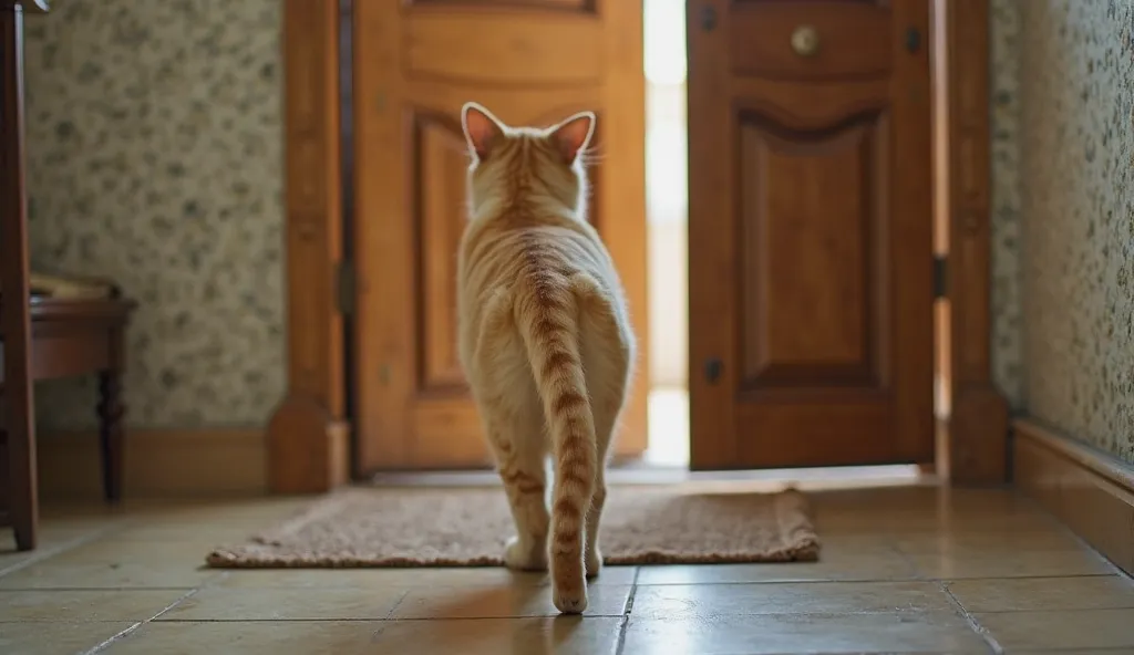 Se'tail of the Yellow cat,
camera from the front shows the cat walking slowly from outside the house about to enter the wooden door of the house which opens slightly,
He appears to have entered the house. 