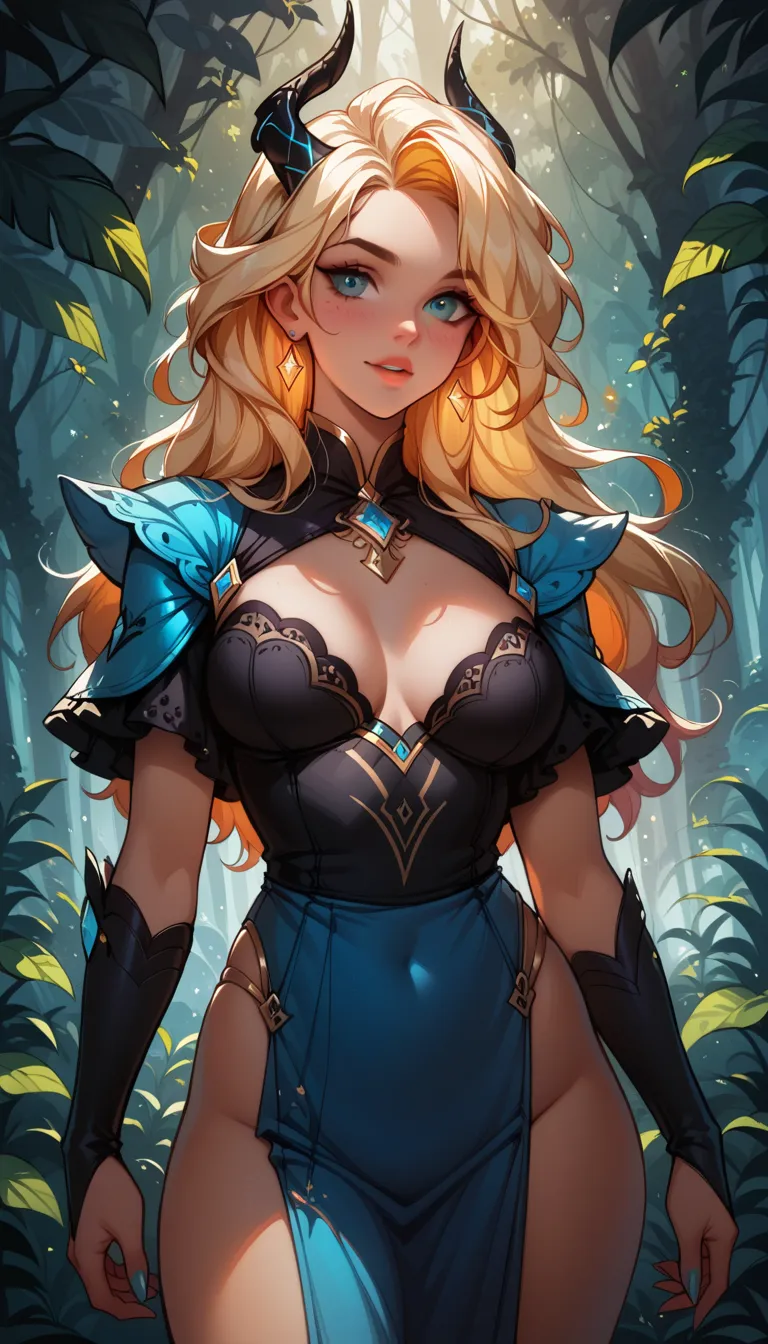 A stunning black elven woman with a voluptuous figure, accentuated curves, and smooth skin, standing in a vibrant, magical forest. Bright, ethereal lighting highlights her features, creating a high-key effect. Portrait shot, vertical composition, ultra-det...