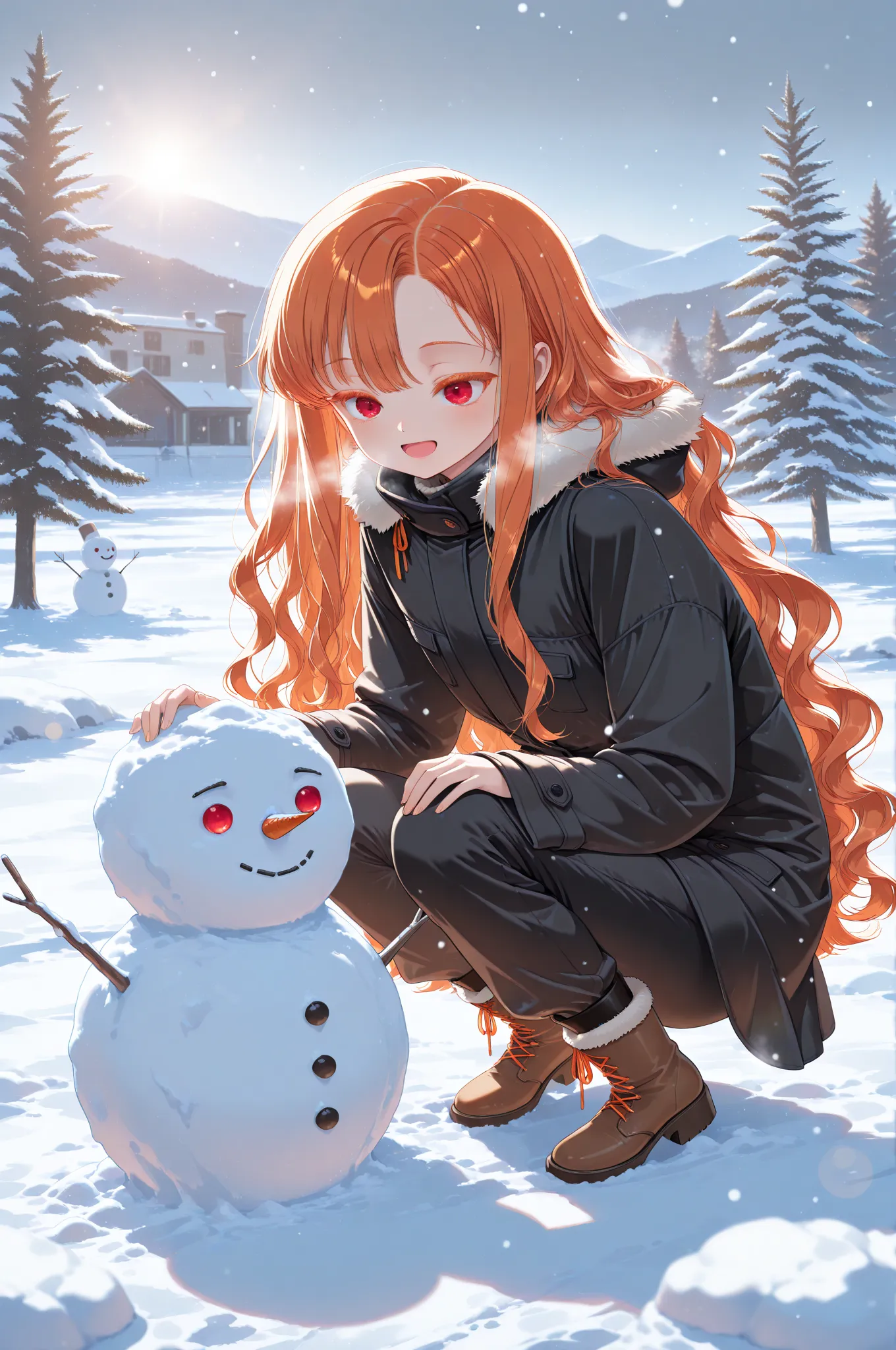 masterpiece, best quality, absurdres, safe, 1girl, Kuroki Nolita, orange eyelashes, red eyes, asymmetrical hairline, very long sidelocks, orange hair, long hair, wavy hair, flat chest, smiling, open mouth, black coat, fur trim, pants, boots, solo, crouchin...