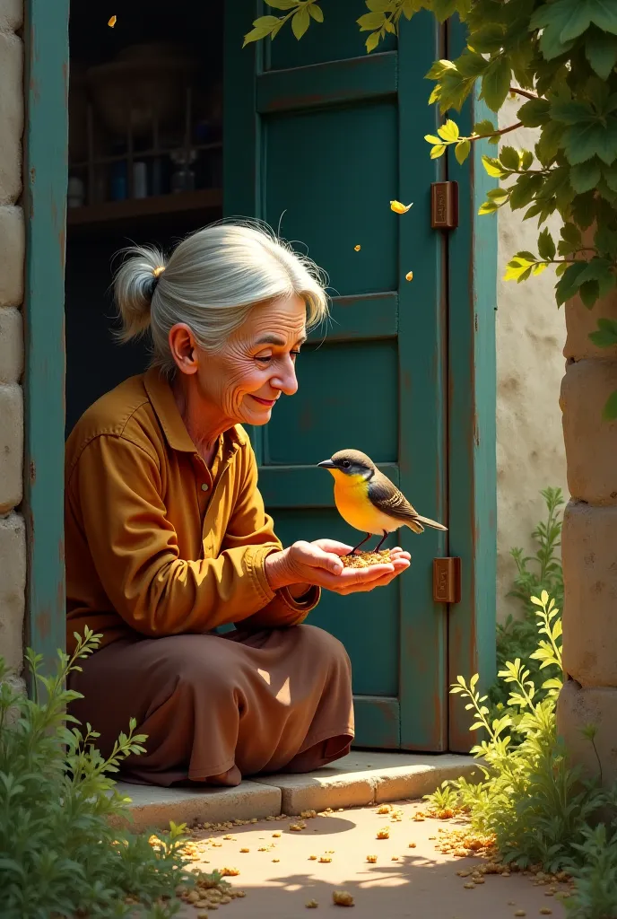 English Prompt: "An elderly woman standing at her door, feeding a small bird with grains, while the bird happily eats."