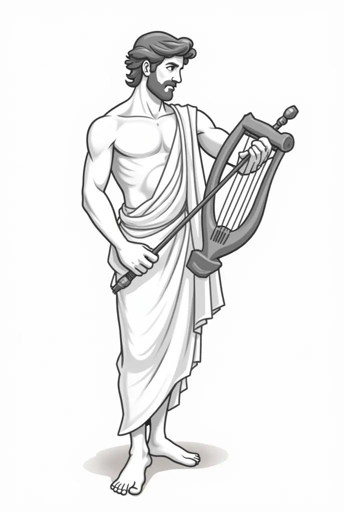 Create the god Apollo with an animated style, make it fairly easy to draw, Use shadows , And may Apollo have his harp, the drawing must be full body, I mean what you can see from head to toe , and preferably to Black and White 