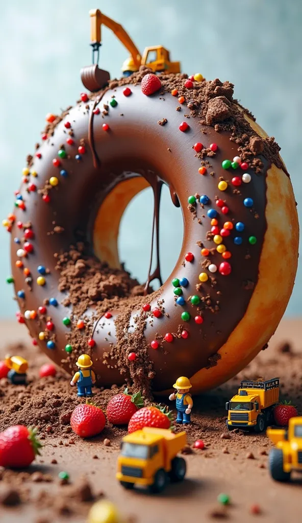 Tiny builders are working on a massive donut. Some are pouring chocolate glaze from small barrels, while others are sprinkling colorful toppings using tiny dump trucks. A crane is placing fresh strawberries, while a few workers are installing a custard-fil...