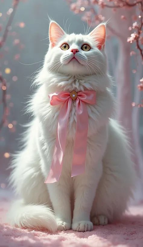 Long-haired white cat　gorgeous　pink ribbon　face up　background glitter