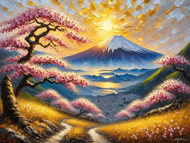 Mount Fuji Japan  Cherry blossoms in full bloom framing a golden sunrise over the sacred mountain Handmade oil painting with impasto brushstrokes dry brushing coarse texture dramatic shadows and vibrant details