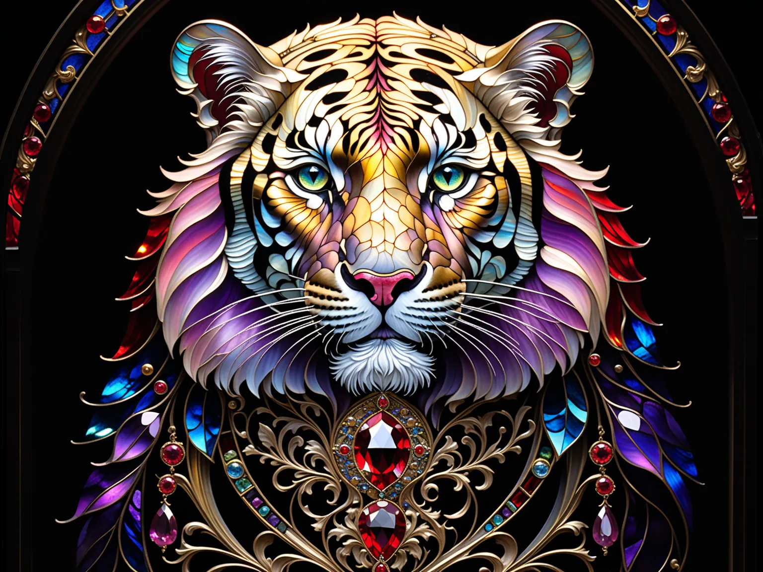 Three primary colors , like the movie, Ruby tiger close-up, Baroque, Claora, Highly Detailed Stained Glass, amethyst crystal, Iridescent Labradorite Crystals,  Andy Kehoe , John Blanche, intricate and highly detailed background,  fantasy,  filigree ,  fili...