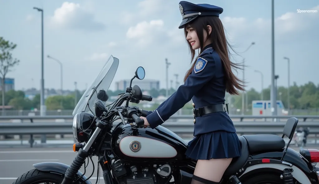 A beautiful Japanese woman in police cosplay straddles a large motorcycle, turning back with a sultry smile. Her mini-skirt lifts slightly, and her tight uniform accentuates her large breasts, creating a mix of coolness and sexiness.