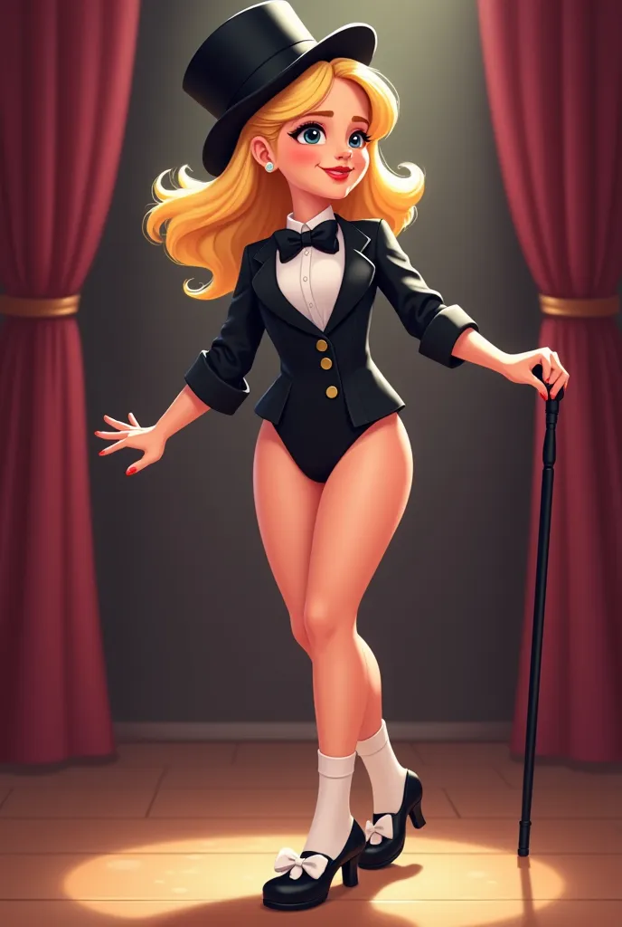 Cartoon sexy white blonde woman in her 20s in a black tuxedo jacket leotard, white button shirt under her black tuxedo jacket, white socks, and black Mary Jane tap shoes,, tap dancing on stage, cartoon sexy, white bow on the front part of her tap shoes, bl...