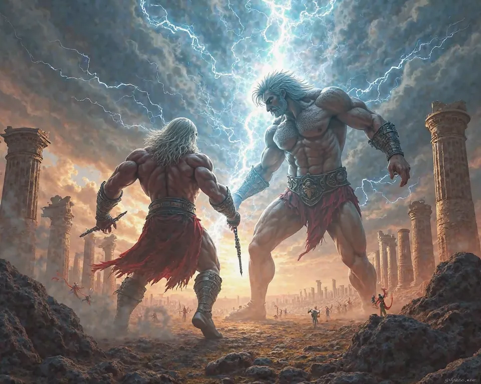 Lightning god Zeus, fighting against another very big god on a plain with Roman ruins.   with an illumination {With Epica and other gods fighting against giants 