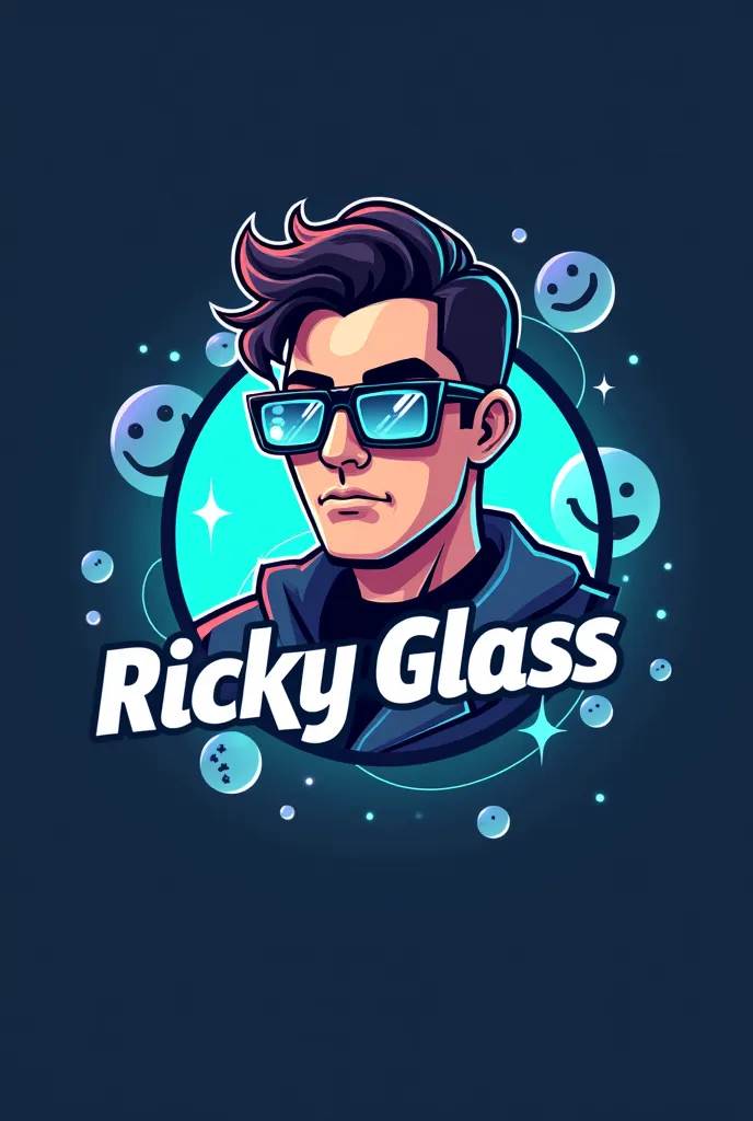 create me a logo with name RICKY GLASS the background have like a emoji with a guy have black eye glasses and make the R more like a futuristic word and add some glass make it more like a modern logo