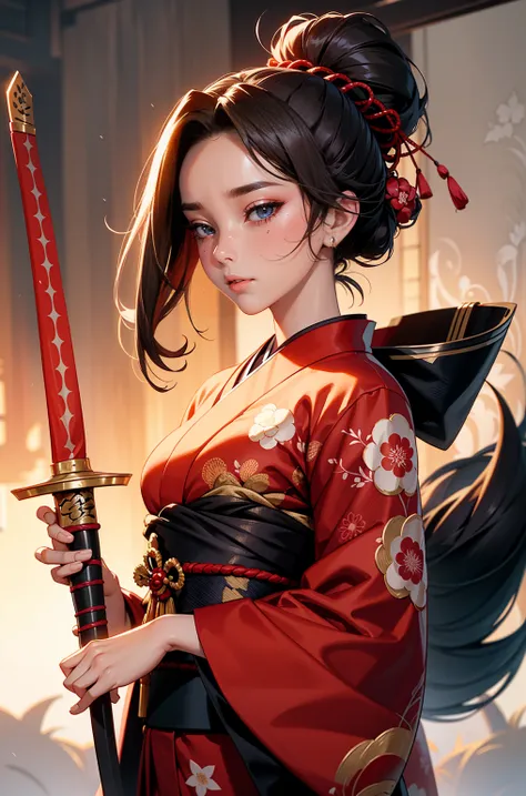 "A depiction of a woman blending the features of Scarlett Johansson and Emma Watson, a woman in a kimono dress holding a samurai sword, a portrait inspired by Chen Yifei, tumblr, shin hanga, in kimono, japanese goddess, kimono, in a kimono, japanese kimono...