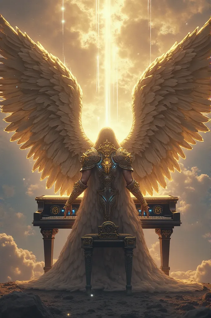 Here it is a detailed and explicit prompt for image generation:

"An imposing angel in the style of God of War, with a warrior and majestic presence.  he has enormous wings , made of gleaming golden feathers,  open in all its grandeur .  His armor is heavy...