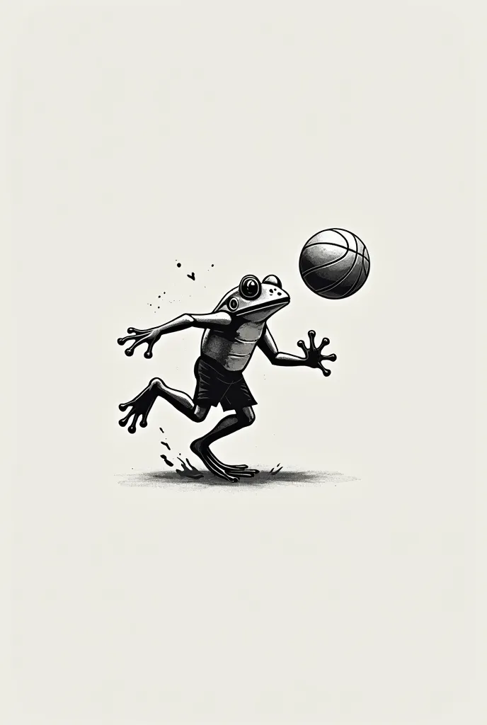 Generate me a minimalist black and white tattoo of a frog playing basketball 