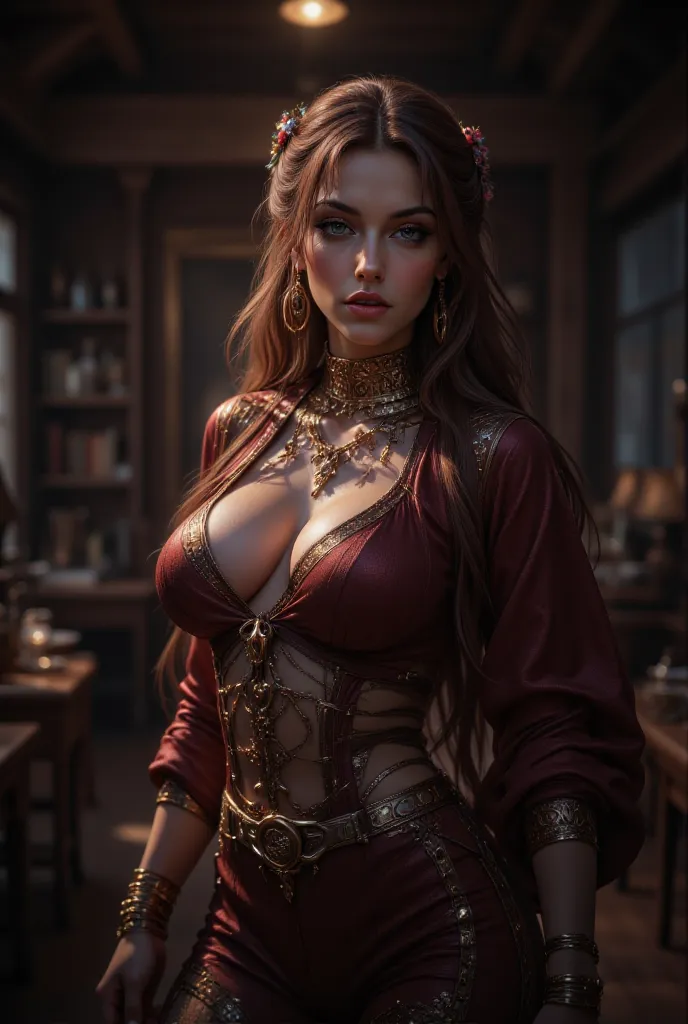 1chica, brown hair hiper realista en ropa del viejo oeste, Fantastic Art, Photorealistic, Dynamic Lighting, art station, realistic portrait face, high-quality photograph, detailed portrait, fantasy character,  young woman, brown hair, western clothing, ser...