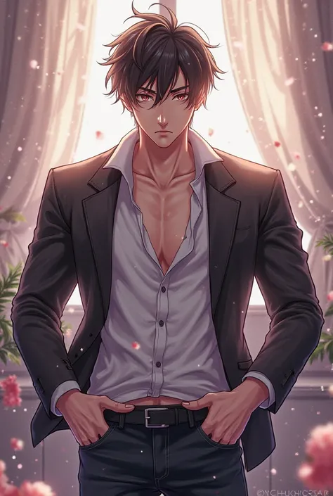 Create a handsome and 6-piece male anime character and take off his pants