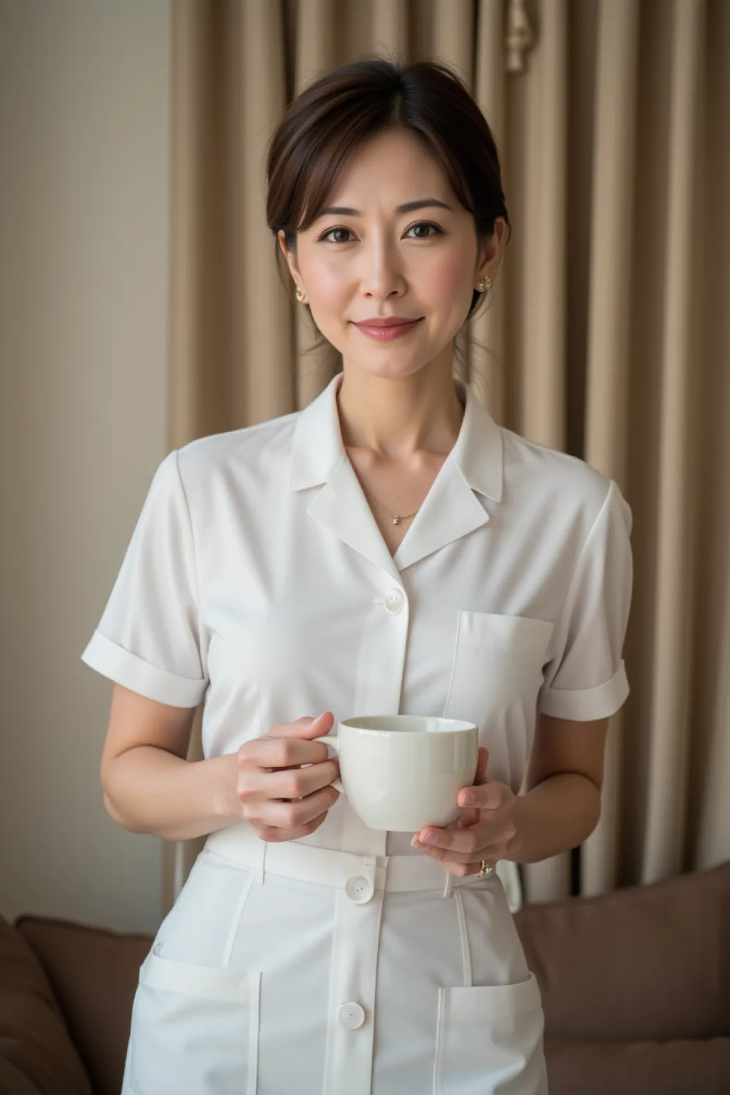 full-body photo of a graceful 50-year-old Japanese woman, kind smile、( facial wrinkles、 nasolabial folds:0.1)、Middle-aged appearance  ,   front view、see-through bra、 standing in the living room with a coffee cup 、 fine smile lines engraved on her face ,  a...