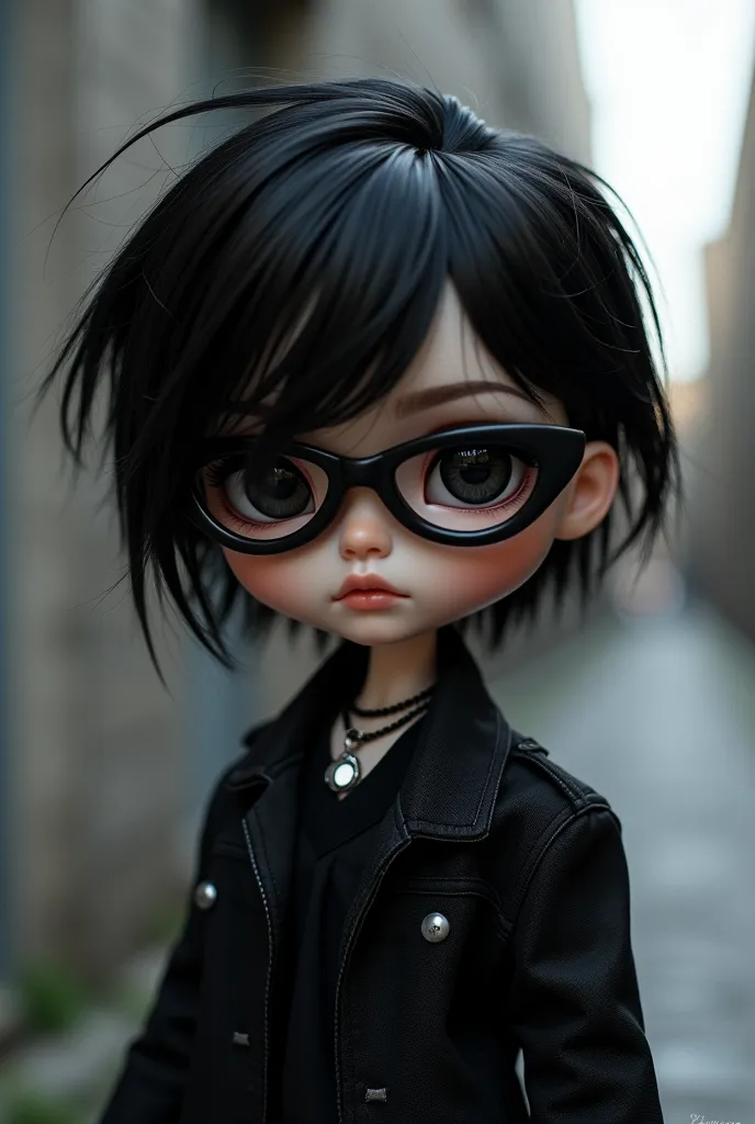 make a blythe doll. she has a short BLACK mullet haircut. cat eye shapped black glasses. black glasses. masc outfit. Black eyes