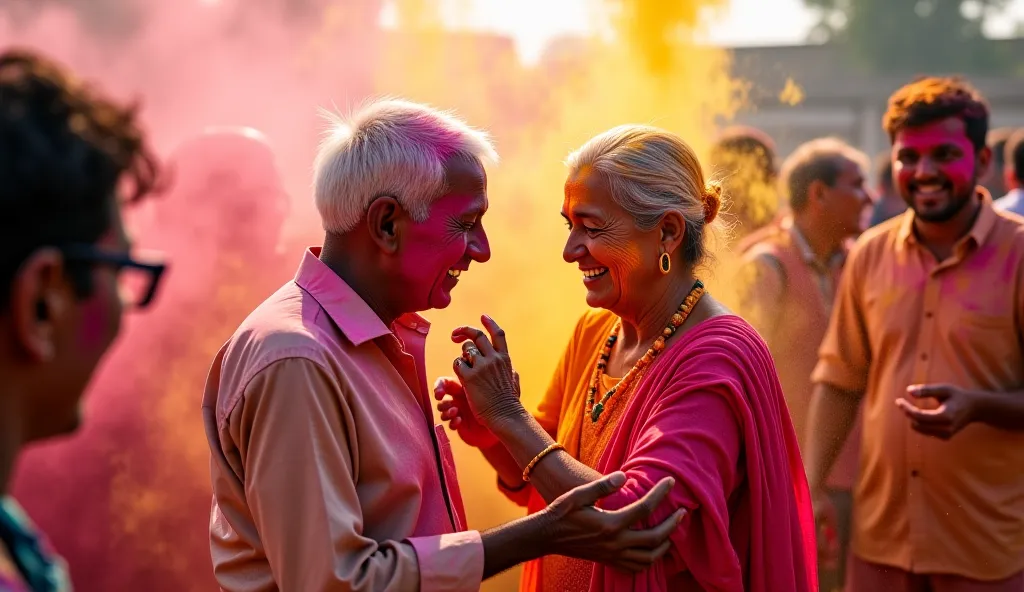 "The elderly couple, surrounded by younger people, is applying colors on each other’s faces. The old man mischievously smears pink gulal on the old lady’s cheeks, and she playfully throws a handful of yellow powder back at him. The scene is filled with lau...