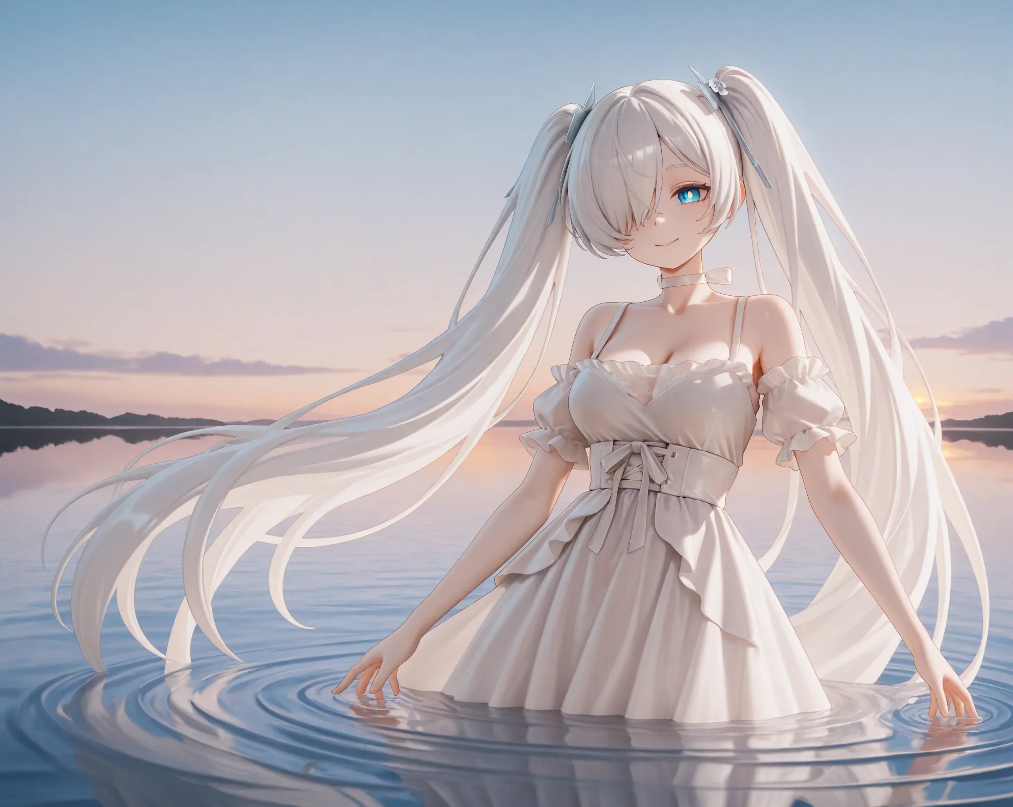 1girl,cinrnd, blue eyes, white pupils, white hair, twintails, very long hair, hair over one eye, one eye covered, eyebrows hidden by hair,A girl floats on a serene lake, its mirror-like surface reflecting her. Her silver-white hair drifts like silk in the ...