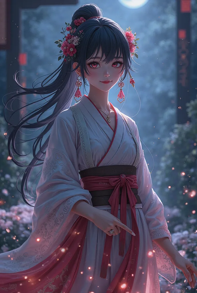 Yae Miko from Genshin Imact wearing his kimono against the backdrop of the night landscape with a beautiful and sweet smile