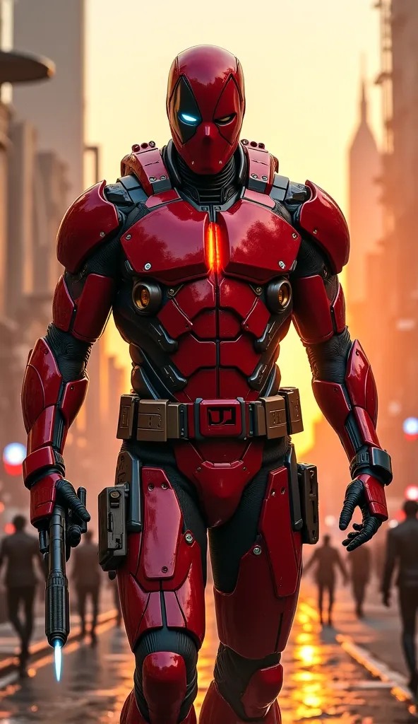 Generate images of DeathStroke with the armor completely red and excessively technological, fighting against several men in suits in the middle of a futuristic city in the evening light.