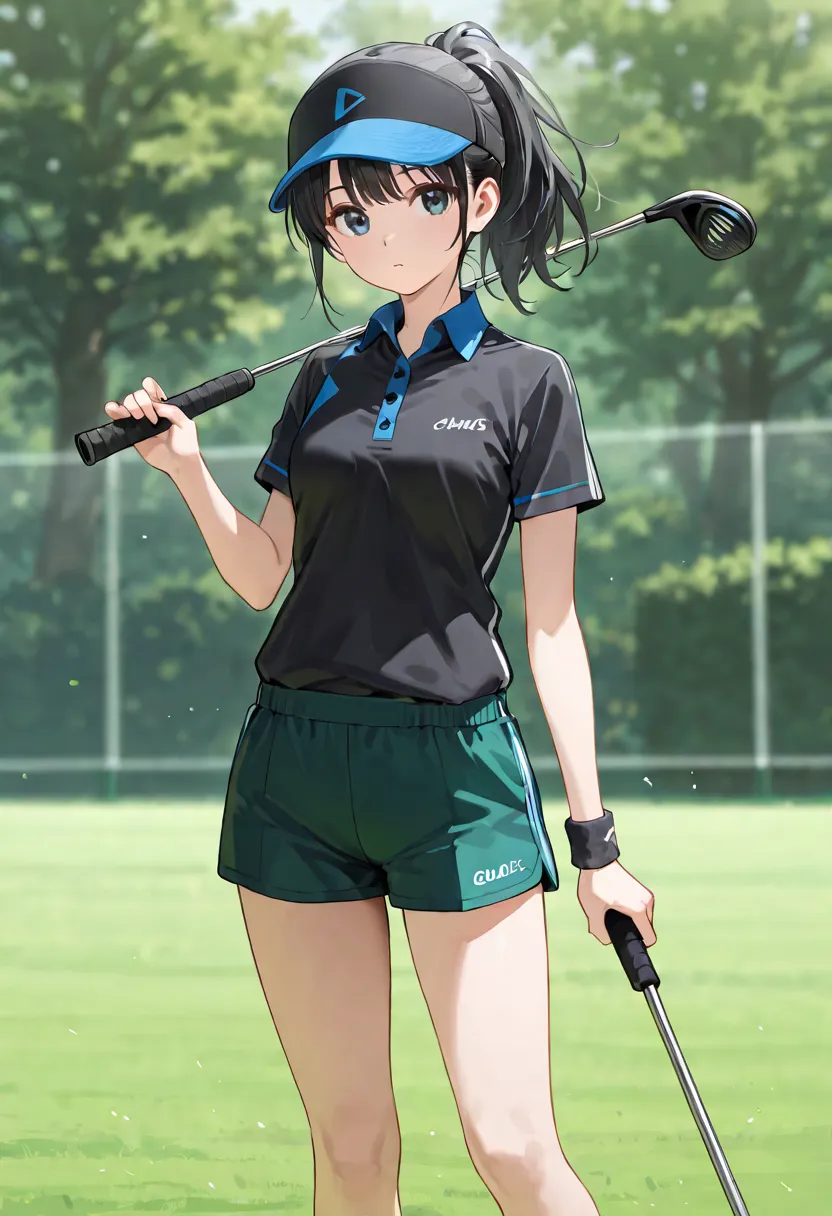 One Girl,black hair ponytail, golf wear