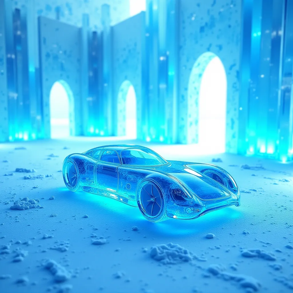 Firali car made of transparent blue ice in the courtyard of a blue transparent castle with glowing neon windows, snow, ice crystals, bird's eye view