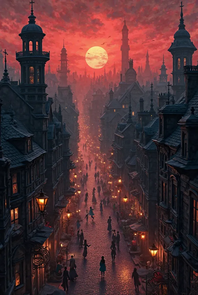 Victorian city, black houses, black paths, with red sky, with happy people