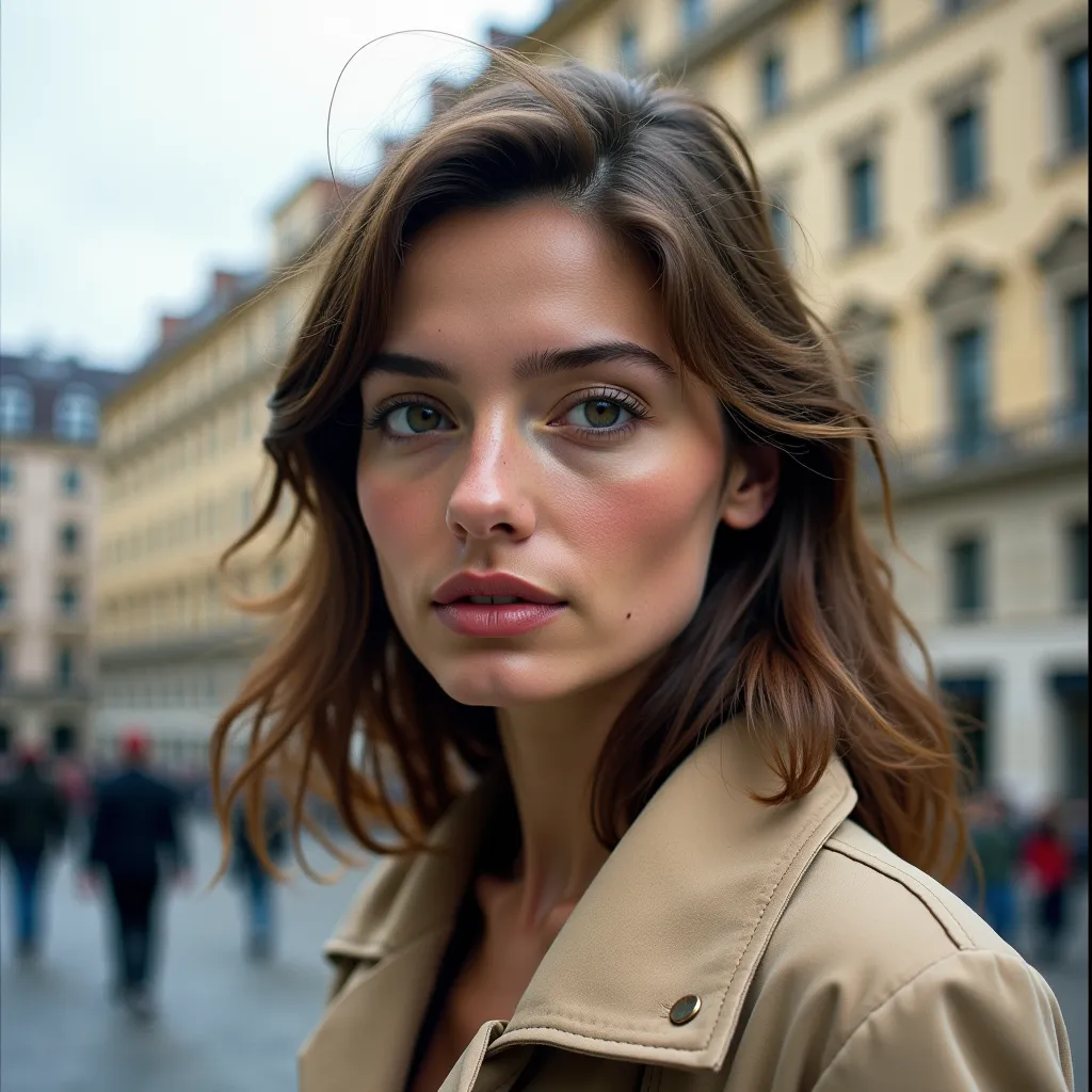 A cinematic medium shot of Ana de Armas with slightly windblown hair. She has moist lips and is wearing a beige coat. The background is blurred and contains a building with windows. The lighting is soft. The photo was taken with a Hasselblad camera with a ...