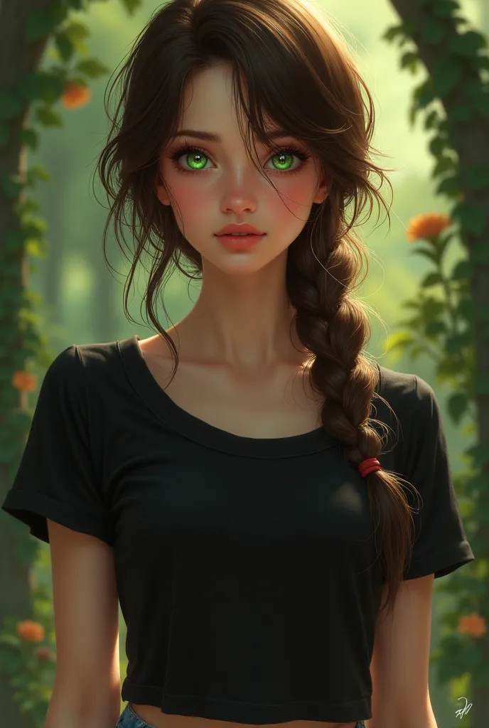 Green emerald eyes, girl, pretty curves, brown hair up into a braid-hair and her hair tufts ahead visible and free, tight black t-shirt and a pair of jeans,