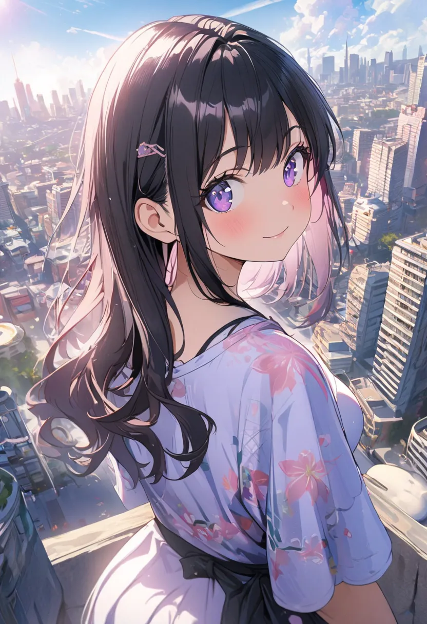 1girl, Selfie shot angle, from behind, city, Digital painting, kawaii anime, sunlight, purple eyes, high quality, high resolution, 8k