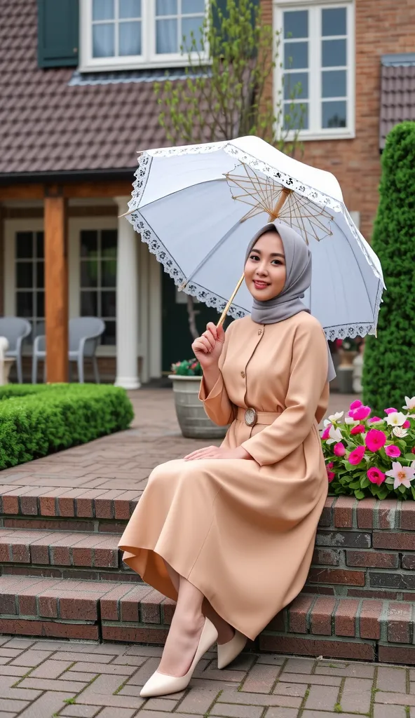 a white Indonesian woman in hijab. wearing a vintage Dutch style outfit, heels . tub style model with smiling sitting carrying a white lacy mini umbrella. baground the front of a Dutch house, an artificial garden and some flowers. real photo. wide angle. f...