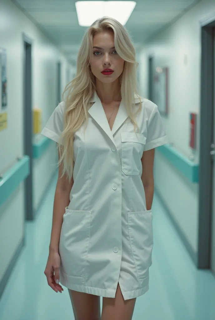 ((Ultra hd quality)), A sexy white nurse blond,closed blouse, busty, straight ultra-slick hair, black louboutins heels, hospital corridor,red lipstick lips, slavic girl, in front of me, standing