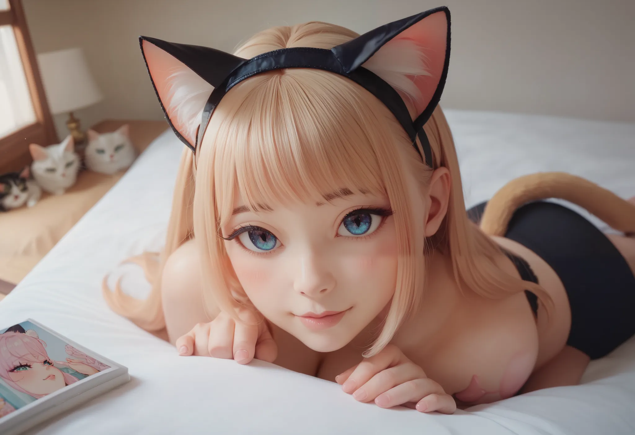 A woman sitting on a bed is holding a cat,, very beautiful cute girl with cat ears,  Attractive Cat Girl ,  beautiful young catgirl  ,  with a pretty face - pretty face ,  photos, かわいい猫の photos, meditation