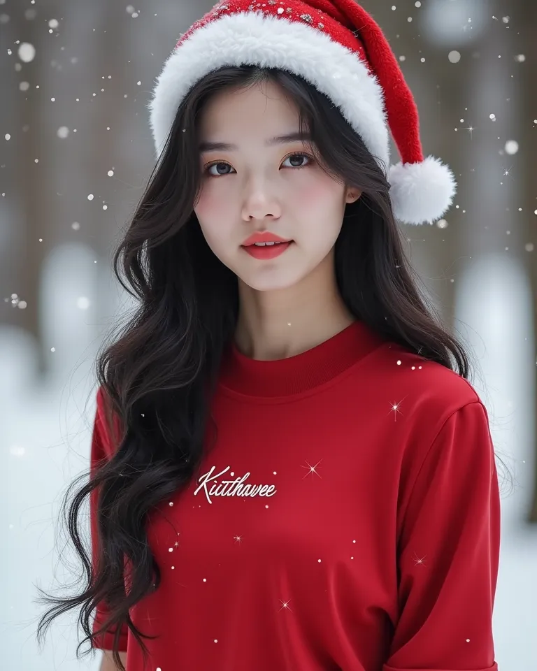 A beautiful 18-year-old korean girl is standing in a winter , wearing a silk royal red plain t shirt  with the name "Kiatthavee" written on the front.  Her long, wavy black hair falls beautifully, and she is adorned with a festive Christmas hat. A ring spa...