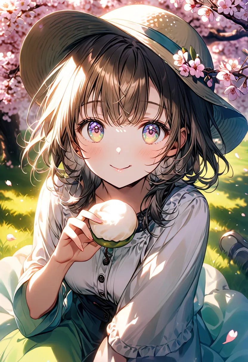  A cheerful girl wearing a casual hat is sitting under a cherry tree in full bloom, bathed in warm spring sunlight. She is about to eat a dango (sweet dumpling). Soft petals are drifting around her in the gentle breeze. The close-up shot captures her brigh...