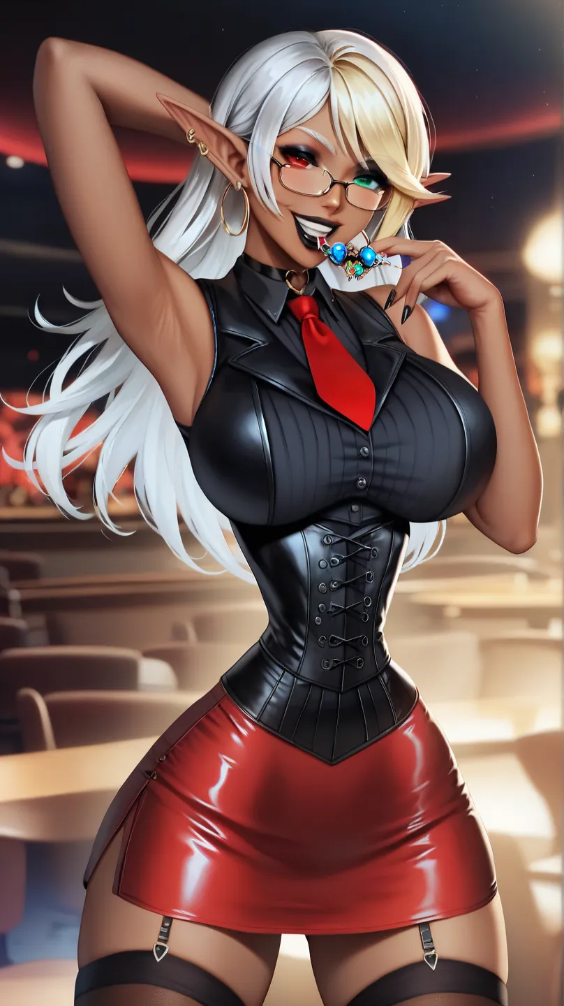 1 lady , dark elf , sexy lady , Noise Reduction , darkskin style , under rim glasses , (blonde colored eyebrows:1.2) ,snake tongue in mouth , Perfect Detailed eyes , cool eyes , (heterochromia:1.5) , red eye , Turquoise green eye , casino , elf ears , many...