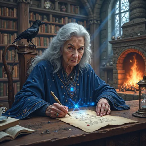 **Prompt:** "A powerful female elderly sorceress in a medieval fantasy realm sits regally at a grand oak desk within an arcane library of towering, labyrinthine shelves. Her silver hair cascades over her deep indigo robes, embroidered with constellations a...