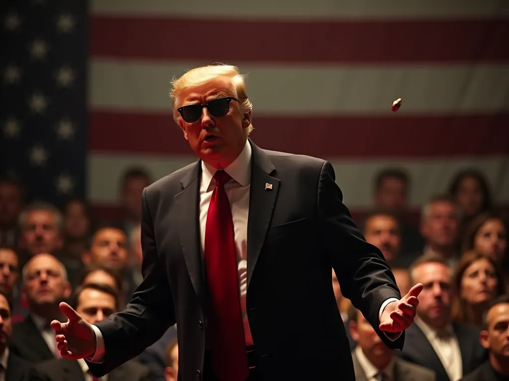 A tragic moment on stage: A bodyguard wearing sunglasses and a formal suit rushes forward, To protect President Donald Trump from being shot. scene A bullet flies in his direction, panicked crowd, People's faces express shock and horror.