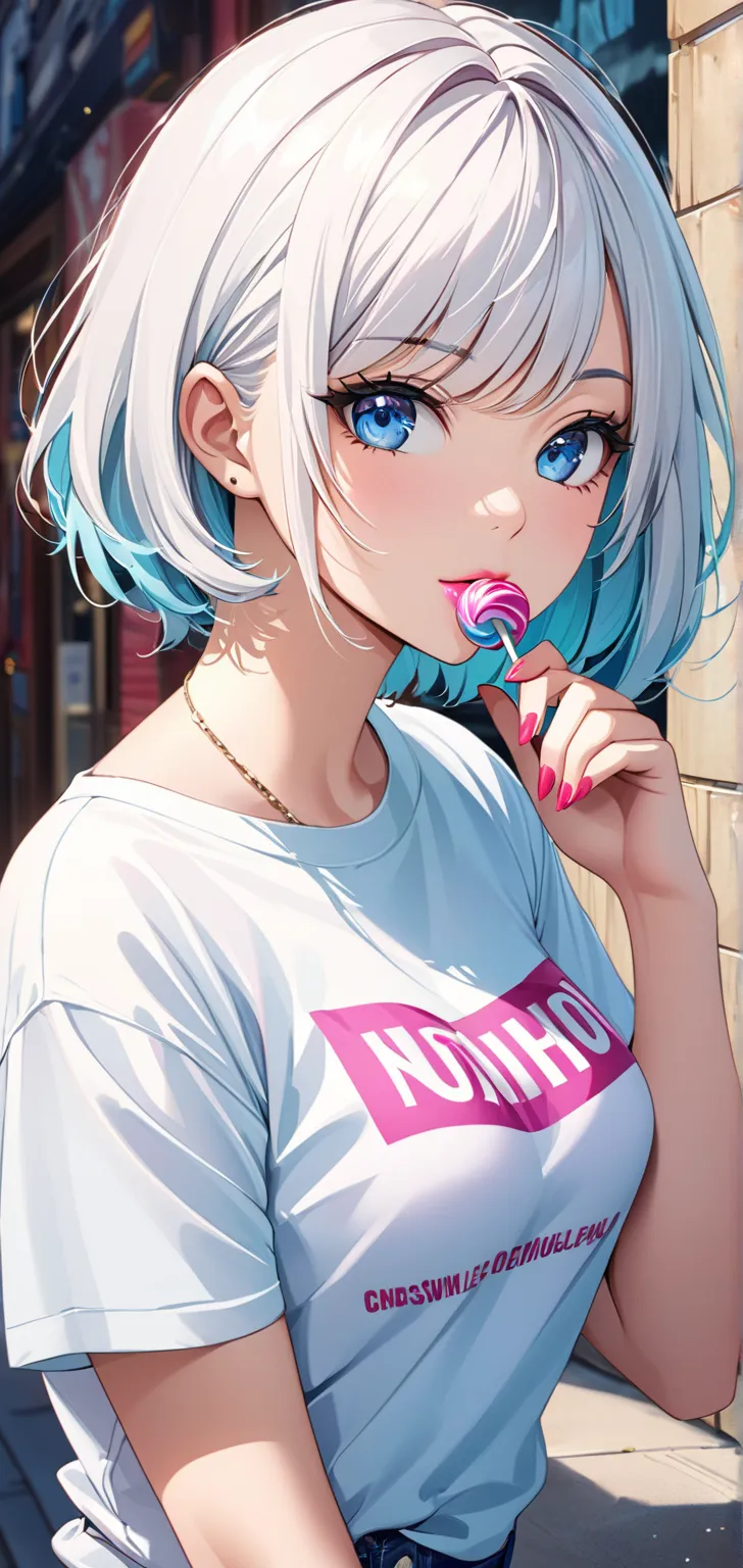 ultra high resolution, rich colors, Perfect image,   t-shirt,    detailed image, Hermosa Nicole okami, short hair, blue eyes, white hair, Candy, lollipop , swept bangs, medium breasts,