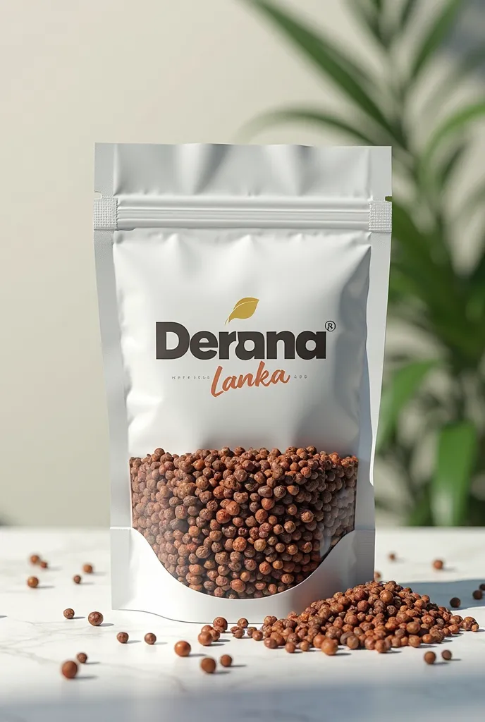 Mockup pepper seeds transparent pouch with brand name as "Derana Lanka"