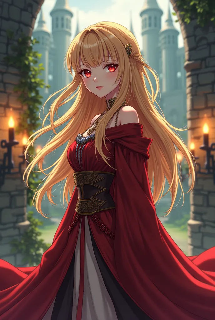 Make an anime about a medieval woman with long blond hair and red bangs.